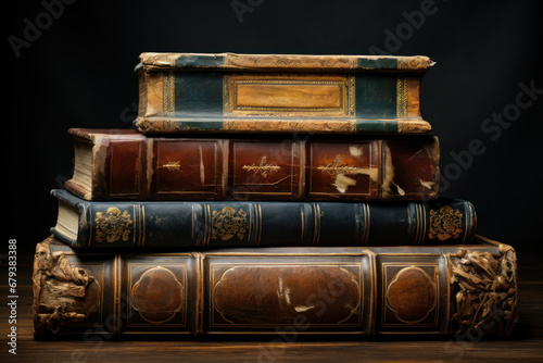 A stack of antique books with worn leather covers, embodying the timeless wisdom contained within their pages. Concept of literary heritage. Generative Ai.