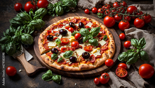 delicious pizza with tomatoes, basil, olives in the kitchen