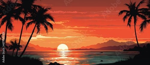 Beautiful tropical beach with palm tree on sunset view. AI generated image © orendesain99