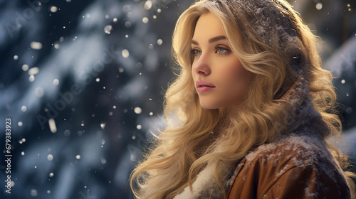 Beautiful blonde woman walking in a park on a winter day at Christmastime