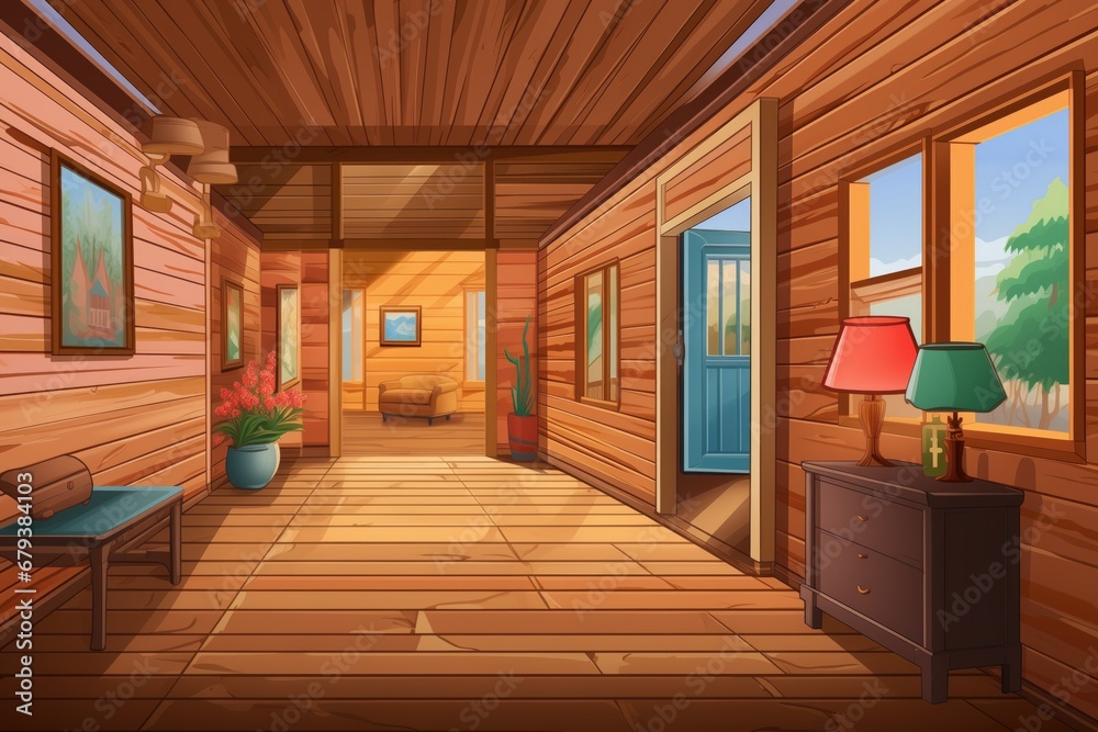 log cabin hallway with floor-to-ceiling glass wall flanked by wooden paneling, magazine style illustration log cabin hallway with floor-to-ceiling glass wall flanked by wooden paneling, magazine style illustration