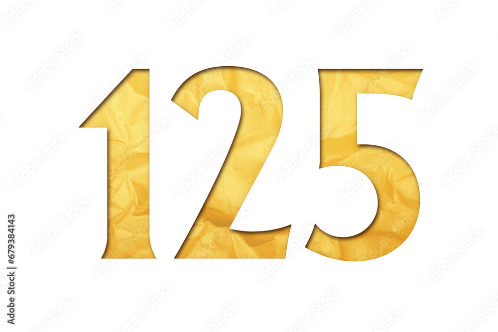 Number 125 with isolated paper cutout effect revealing gold crumpled paper background Number 125 with isolated paper cutout effect revealing gold crumpled paper background