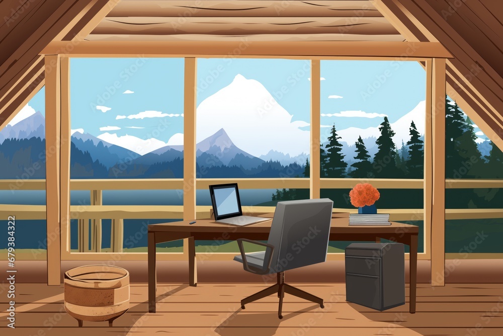 modern log cabins minimalist home office with a view, magazine style illustration