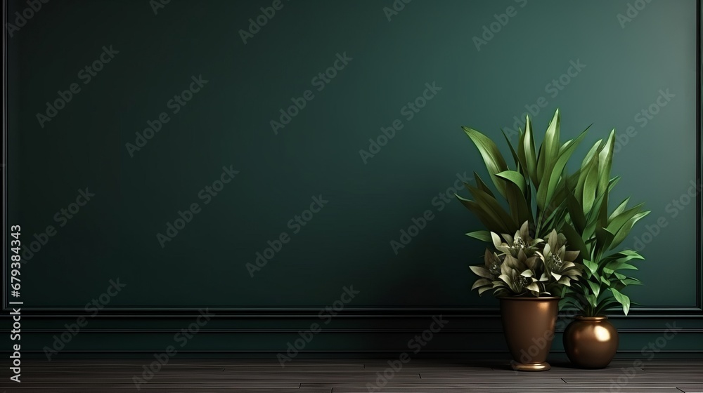 dark green classic wall background, brown parquet floor, home furniture detail, frame and vase of plant - obrazy, fototapety, plakaty 