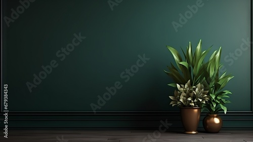dark green classic wall background, brown parquet floor, home furniture detail, frame and vase of plant