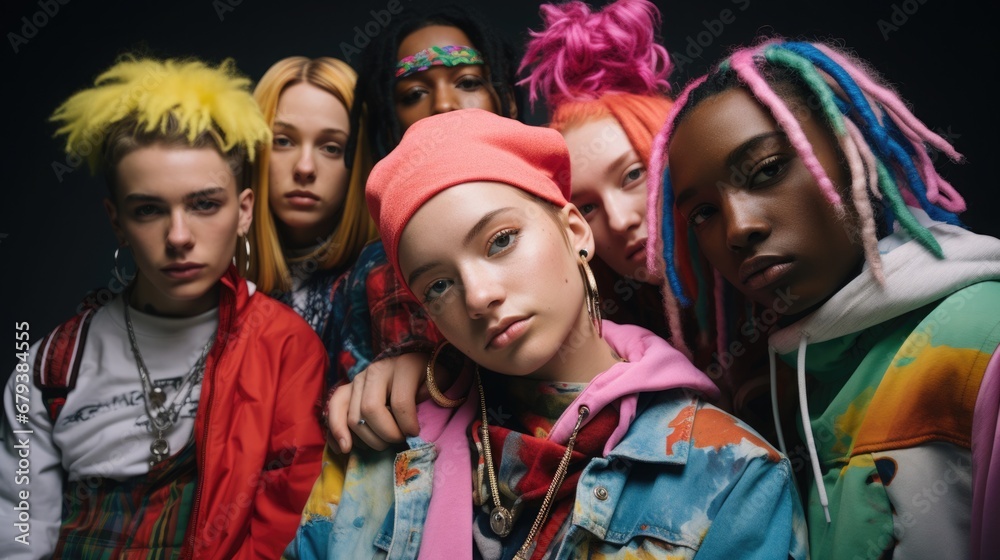 A diverse group of teenagers from different backgrounds, participating in a community project, fashionably dressed for trends. Inclusion and Diversity A diverse group of teenagers from different backgrounds, participating in a community project, fashionably dressed for trends. Inclusion and Diversity