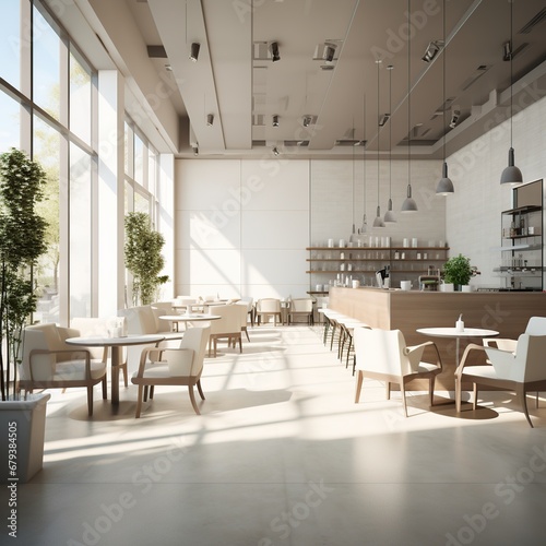 Interior design modern minimalist of restaurant or cafe with sunlight. AI generated