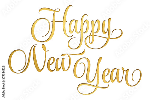 ‘Happy New Year’ written in script font with isolated paper cutout effect revealing golden background photo