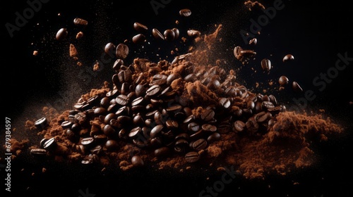 Explosion of ground coffee with roasted beans on black background 