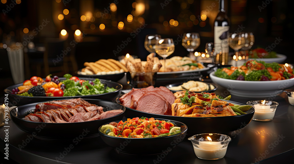 Fototapeta premium Dinner table with food and snacks. Variety dishes, salads, sliced meats, ham, vegetables, wine glasses.