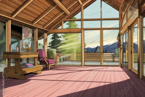 focus on glass paneled entrance into a log cabin, magazine style illustration