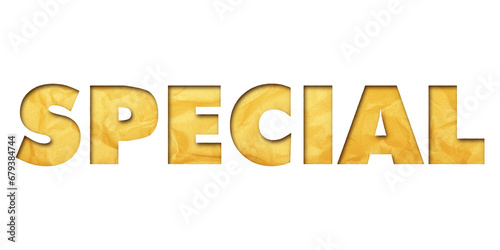 ‘Special’ written in isolated paper cutout effect revealing gold crumpled paper background