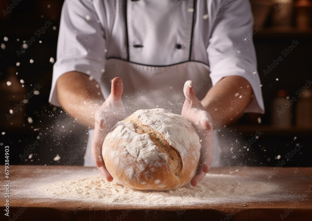 Slow Motion shot of bakery chef applying flour