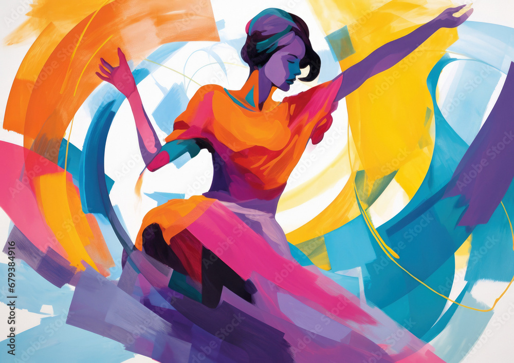 Woman dancing and stretching out in expressive movement - on a spectrum of colours - vibrant gouache painting for illustration purposes. Health and beauty.