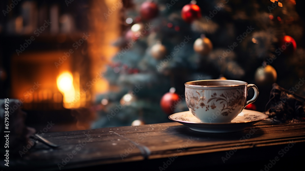 Obraz premium Cup of coffee on the background of a Christmas tree and fireplace