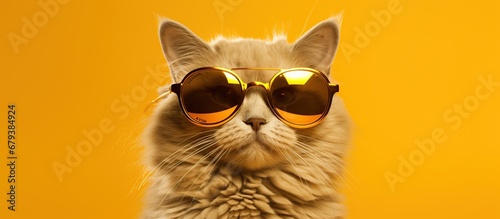 Portrait funny cat in stylish sunglasses on yellow background