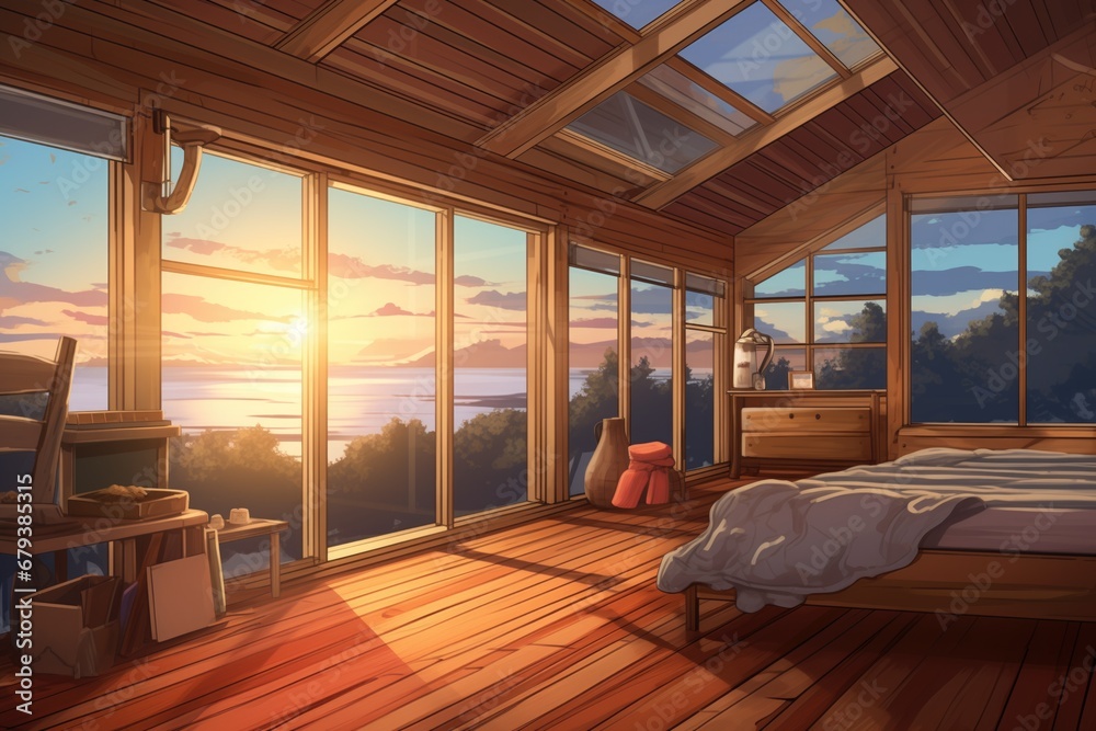 upstairs in cabin, glass windows offering beautiful views, magazine style illustration