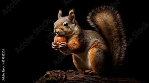 The red squirrel animal eating acorn on dark background