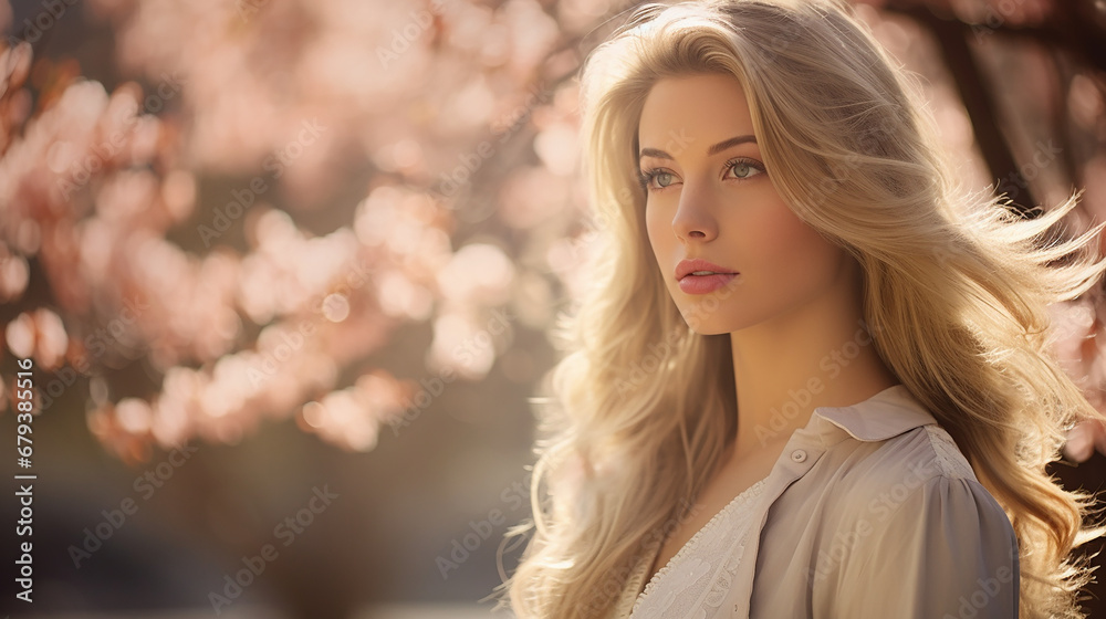Fototapeta premium Beautiful blonde woman walking in a park on a spring day