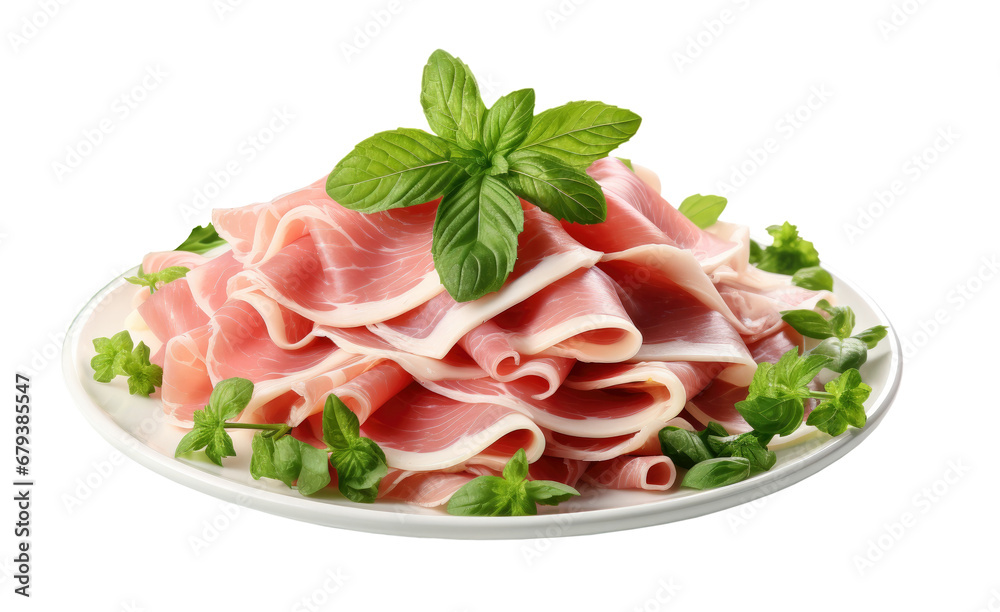 ham with basil on a white plate, isolated