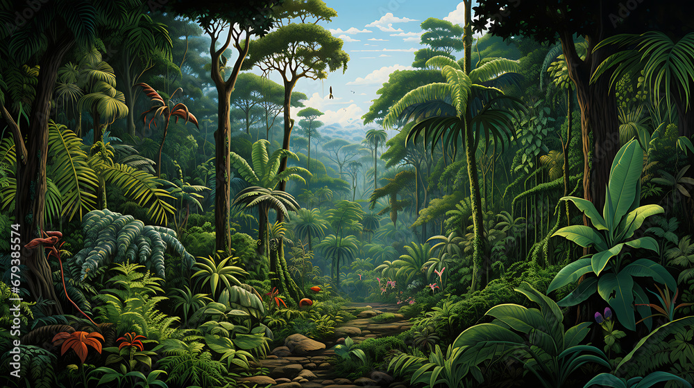 A blank canvas into a scene of a tropical rainforest canopy with lush greenery.