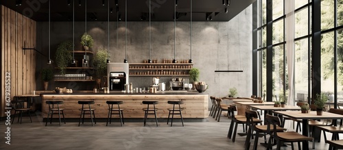 Minimalist interior design of restaurant or cafe with wooden style. AI generated photo