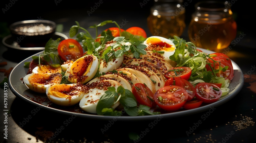 Salad with mozzarella cheese tomatoes, and herbs on black background