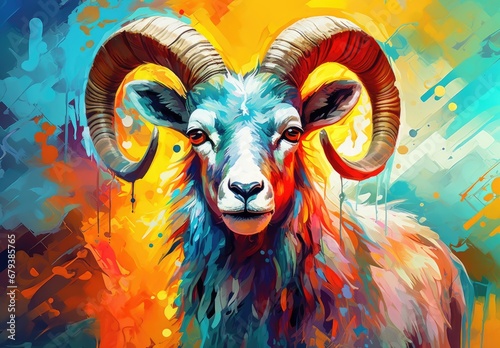Wild ram drawn with bright colors. Colorful image of wild ram for advertising and design. photo
