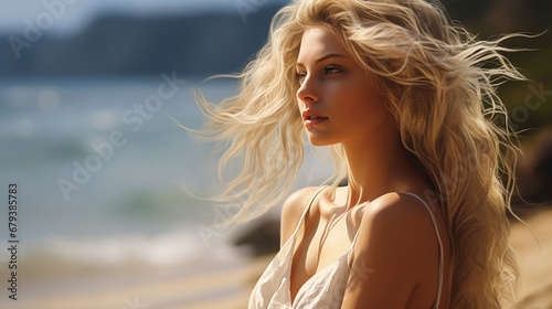 Beautiful blonde woman walking on a beach on an summer day