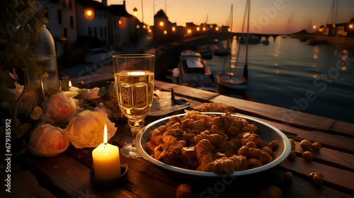 Romantic dinner with croissants and champagne on the pier at sunset 