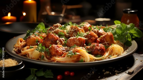 Spaghetti pasta with meatballs Parmesan cheese and basil 