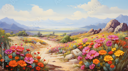 A scene of a desert landscape in bloom, with colorful cacti and wildflowers. photo