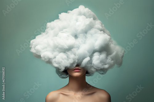 Young woman with clouds over her head, concept of mental health, depression, emotions.