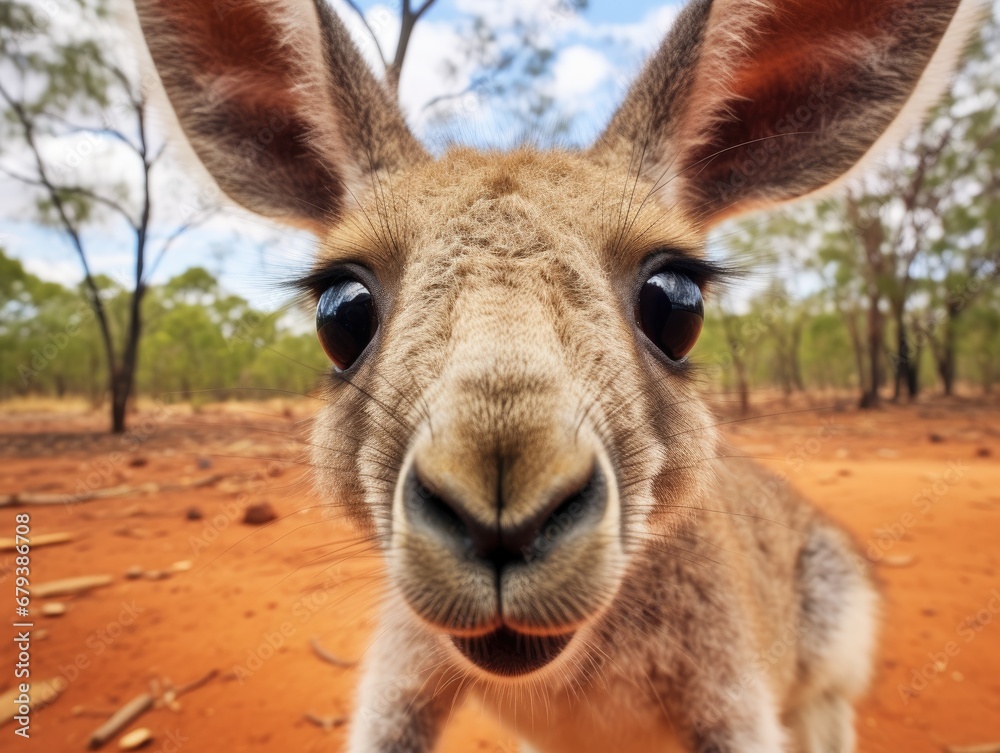 Close up portrait of a kangaroo. Detailed image of the muzzle. A wild animal in its natural habitat is looking at something. Curious look. Illustration with distorted fisheye effect for design. Close up portrait of a kangaroo. Detailed image of the muzzle. A wild animal in its natural habitat is looking at something. Curious look. Illustration with distorted fisheye effect for design.