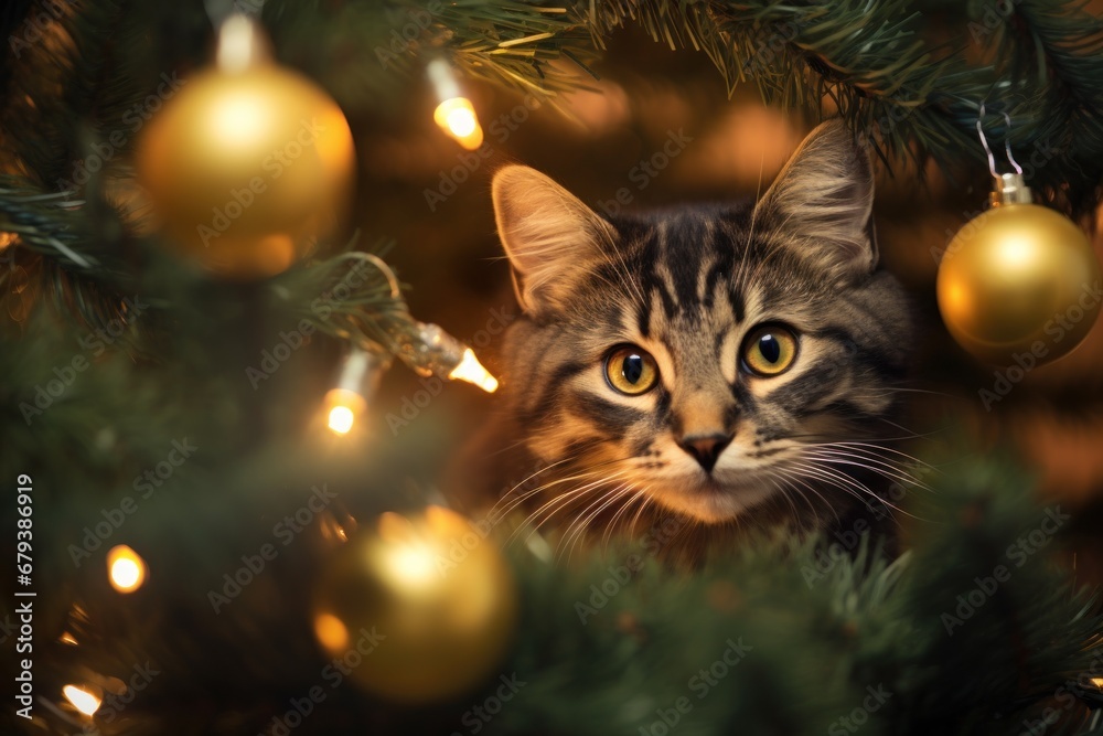 a domestic cat framed by a Christmas tree with toys and garland a domestic cat framed by a Christmas tree with toys and garland