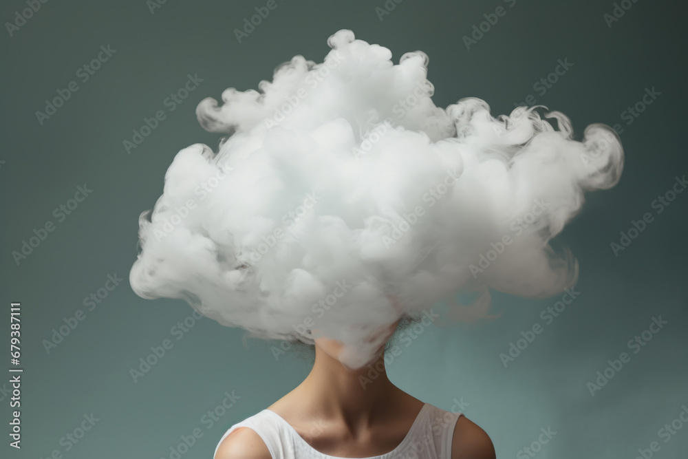 Young woman with clouds over her head, concept of mental health, depression, emotions. Young woman with clouds over her head, concept of mental health, depression, emotions.