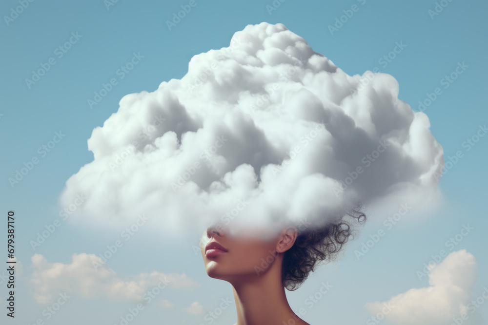 Young woman with clouds over her head, concept of mental health, depression, emotions. Young woman with clouds over her head, concept of mental health, depression, emotions.