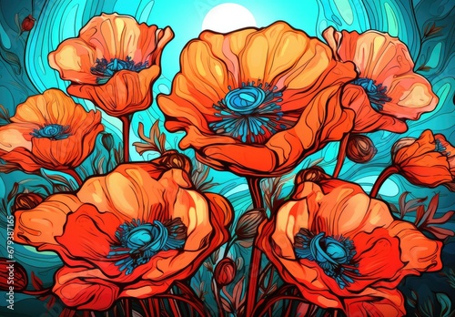 Painting with a field of blooming red poppies on the background of blue sky. Fresh spring flowers. Illustration for banner  postcard  greeting card  postcard  poster  cover or presentation.