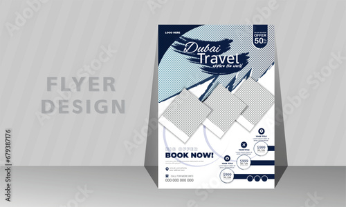 World travel flyer design template, tour flyer, tourism and dark blue color, a4 print ready flyer.