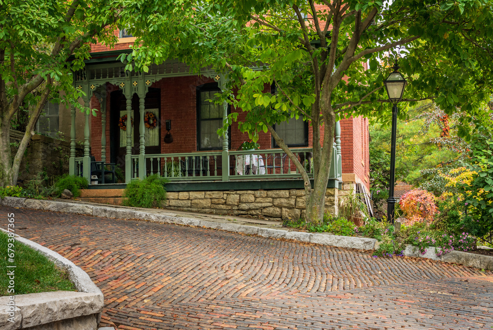 Porch of old home on Snake Alley in Burlington Iowa which has the world record for steepest bendy street
