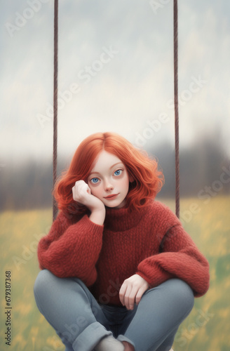 ragazzina dai capelli rossi e sguardo sognante in abiti invernali seduta su una altalena photo