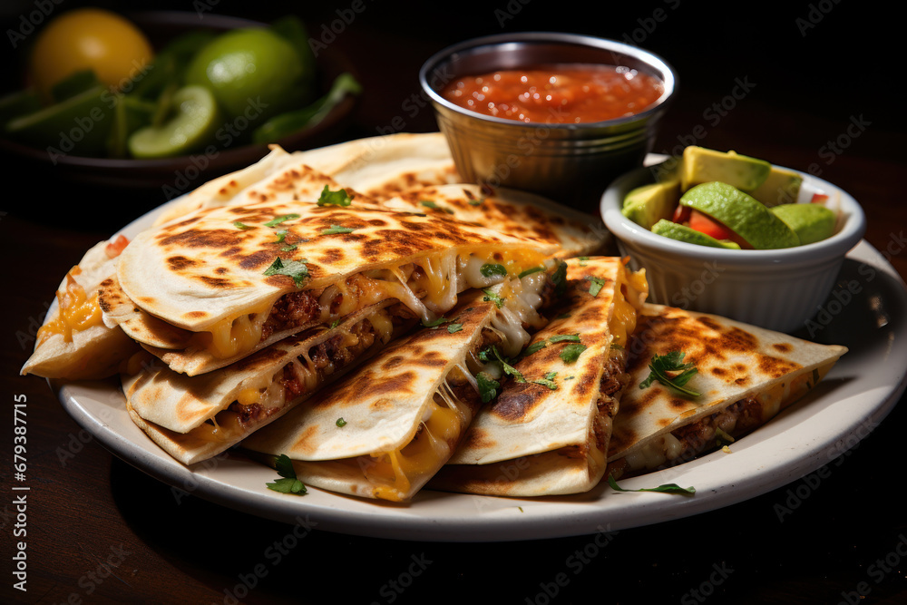 A plate of cheesy quesadillas, oozing with melted goodness and served with a side of salsa. Concept of cheesy comfort. Generative Ai.