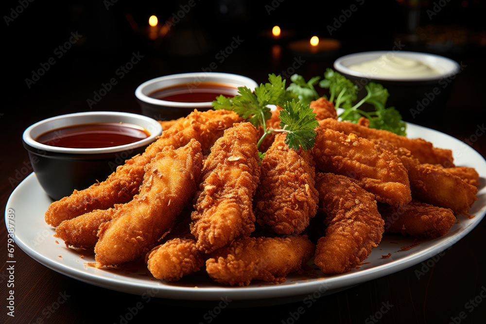 A plate of crispy chicken tenders served with a variety of dipping sauces, offering a satisfying crunch in every bite. Concept of crispy indulgence. Generative Ai.