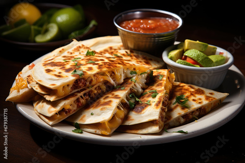 A plate of cheesy quesadillas, oozing with melted goodness and served with a side of salsa. Concept of cheesy comfort. Generative Ai.