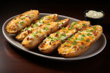 A platter of loaded potato skins, filled with cheese, bacon, and green onions, offering a savory and satisfying snack. Concept of hearty appetizers. Generative Ai.