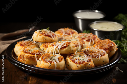 A plate of cheesy and gooey pizza rolls, combining the convenience of handheld snacks with the classic flavors of pizza. Concept of bite-sized pizza joy. Generative Ai.