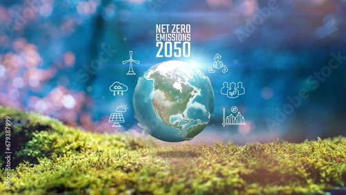 Net Zero Emission 2050 Earth Green Power Climate Icons On Real Moss background Concept Animation photo