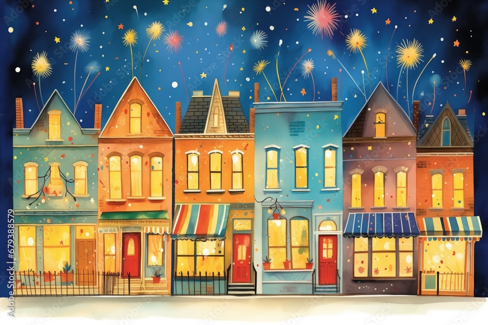 victorian houses with fireworks in the backdrop, magazine style illustration