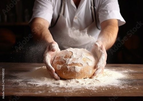 Slow Motion shot of bakery chef applying flour 