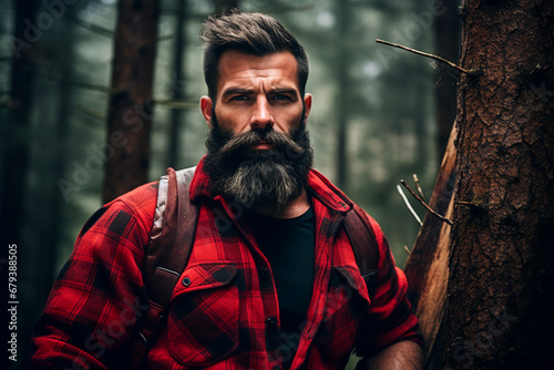Bearded handsome lumberjack in a forest, clad in a red checked shirt. Bright image.  photo